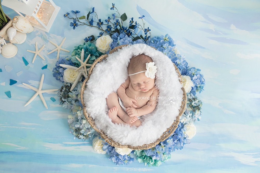 Sleepy summer beach baby girl nestled in soft whites and cool blue hydrangeas and shells for Connecticut newborn session baby portrait