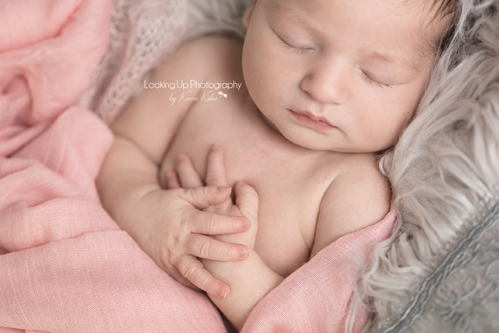 Baby hands clasped for newborn session with soft pink wrap and lace and gray cozy fur posed for baby girl portrait