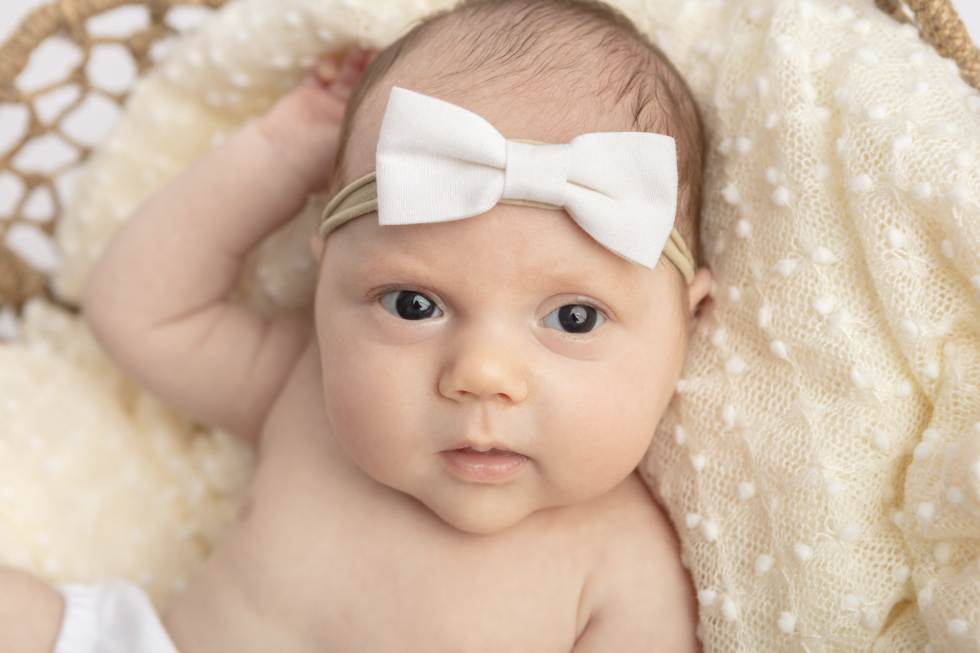 awake newborn baby girl with big brown eyes, wearing a stretch newborn headband with a white bow