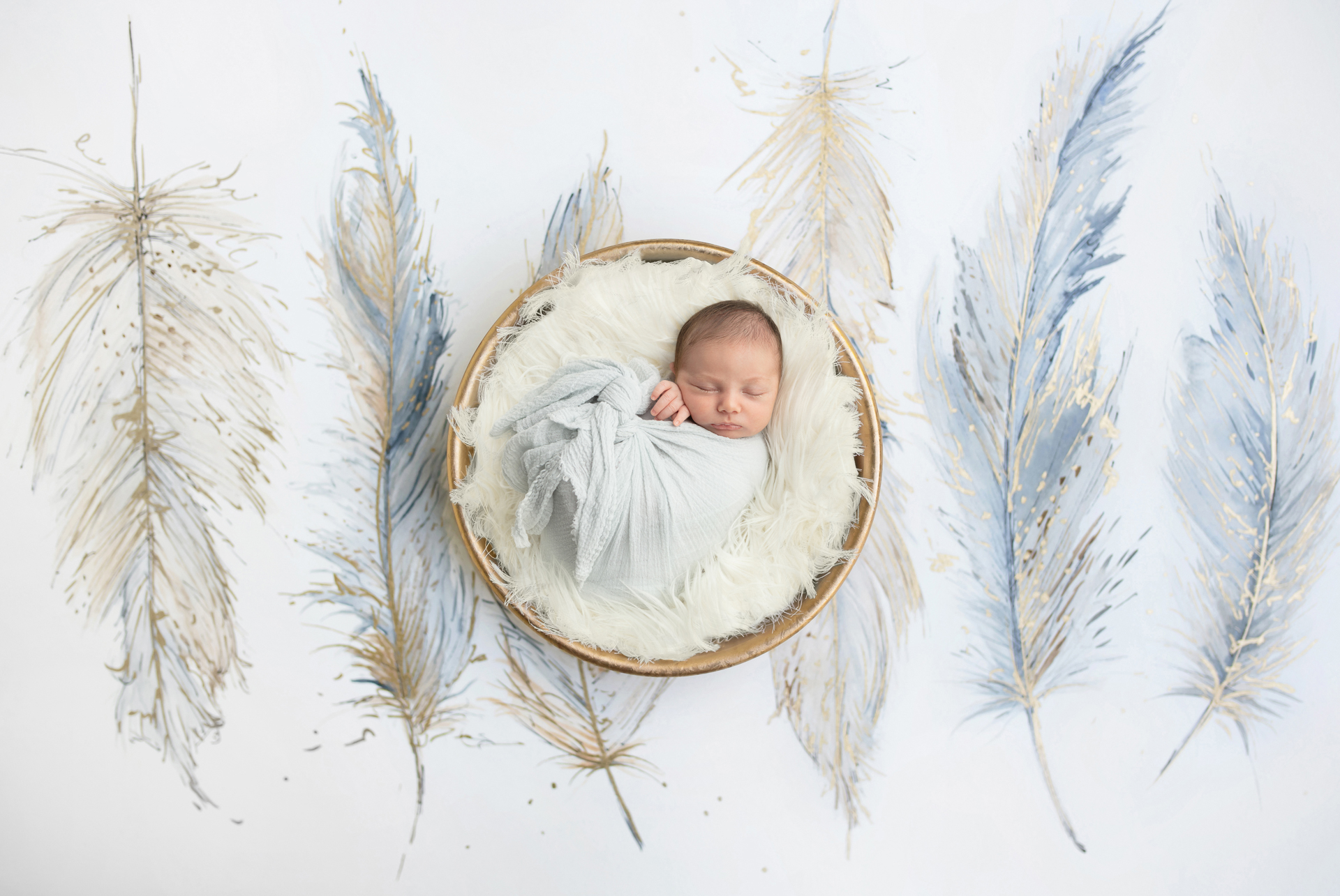 newborn baby boy swaddled in light blue in a basket of feathers