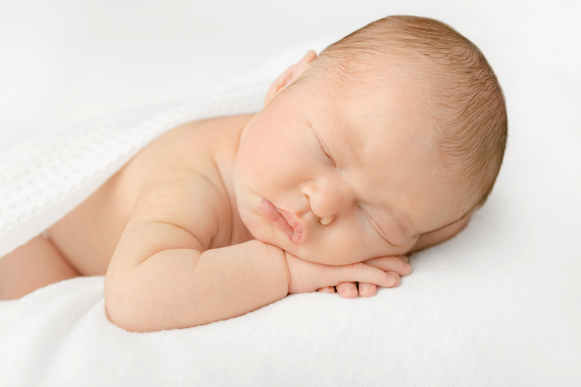 newborn baby girl asleep on her folded arms, with a white blanket draped over her
