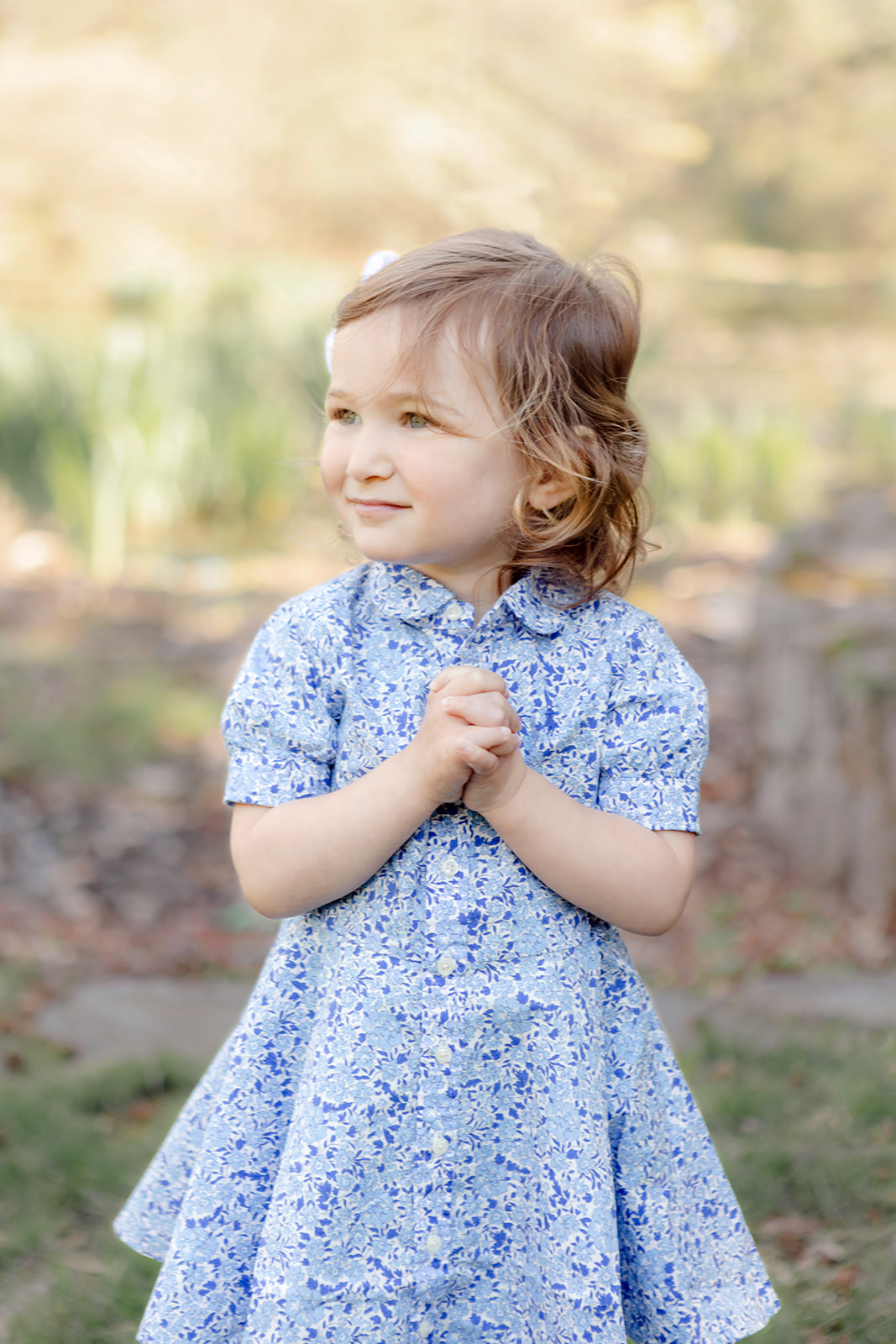 A classic childhood portrait of Lilah Sachs, pictured with her hands clasped in front of her, her wispy toddler curls blowing in the breeze. Lilah looks off camera with a whimsical expression, and wears a blue ditsy floral print dress.