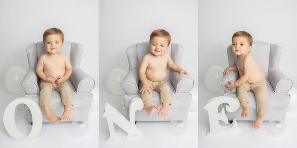 A series of three portraits with different letter accents spell out the word "ONE" for a baby boy's first birthday milestone session. The little boy sits in different positions, with different expressions on his face, for each of the three unique portraits that make up the picture series. 