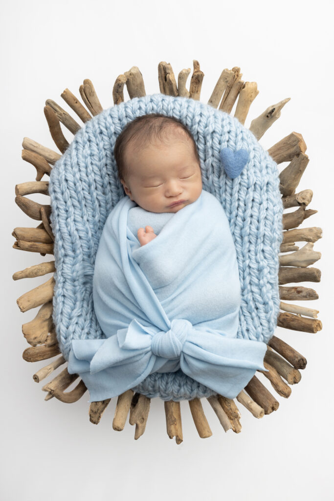 newborn baby boy Ian sleeps peacefully on a "bed" of driftwood, lined with a chunky knit, baby blue blanket. baby Ian is photographed by Karen Kahn, of Looking Up Photography
